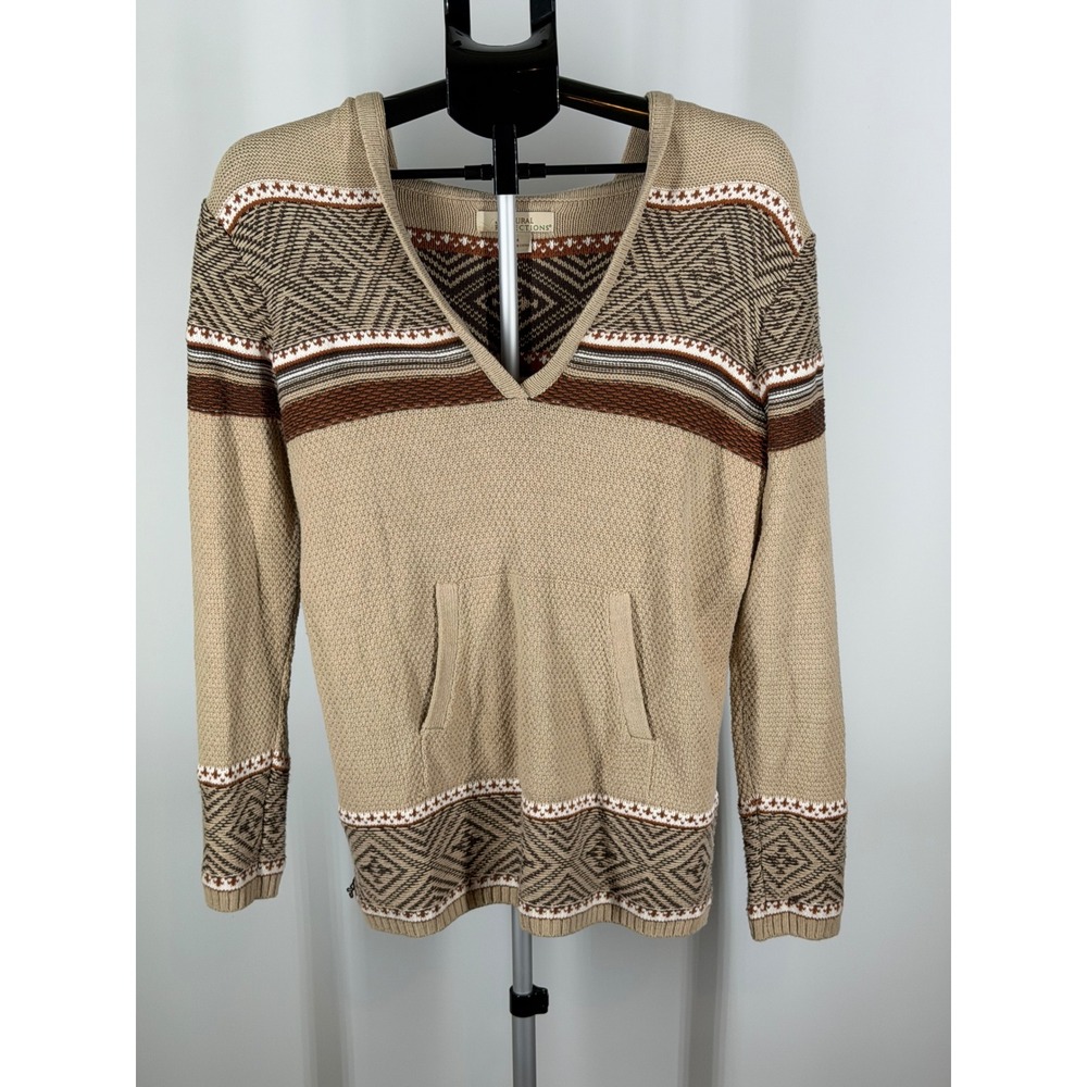 Natural Reflections Women Medium Tan Southwestern Fair Isle Knit Hoodie Sweater